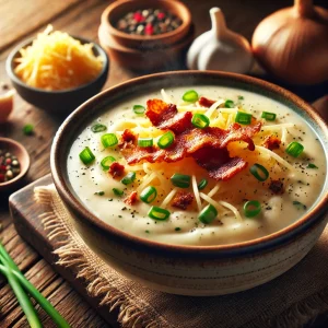 A steaming bowl of creamy homemade potato soup, garnished with crispy bacon, shredded cheese, and fresh herbs.