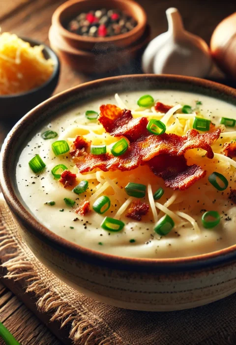 A steaming bowl of creamy homemade potato soup, garnished with crispy bacon, shredded cheese, and fresh herbs.