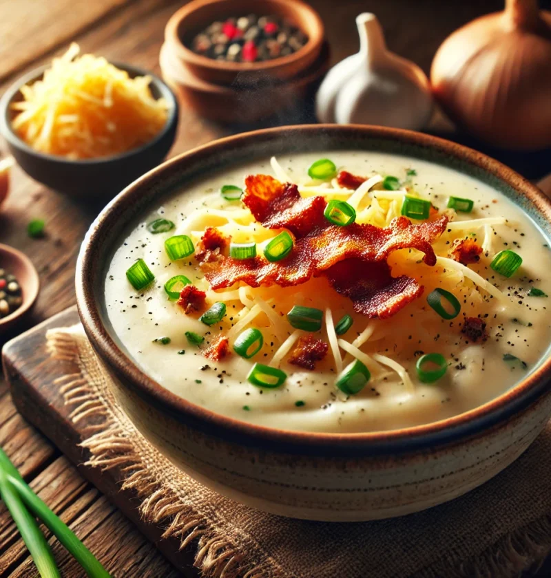 A steaming bowl of creamy homemade potato soup, garnished with crispy bacon, shredded cheese, and fresh herbs.