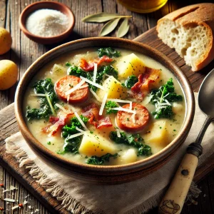 A steaming bowl of homemade Zuppa Toscana soup with creamy broth, Italian sausage, potatoes, and fresh kale, garnished with crispy bacon and Parmesan cheese, served with crusty bread.