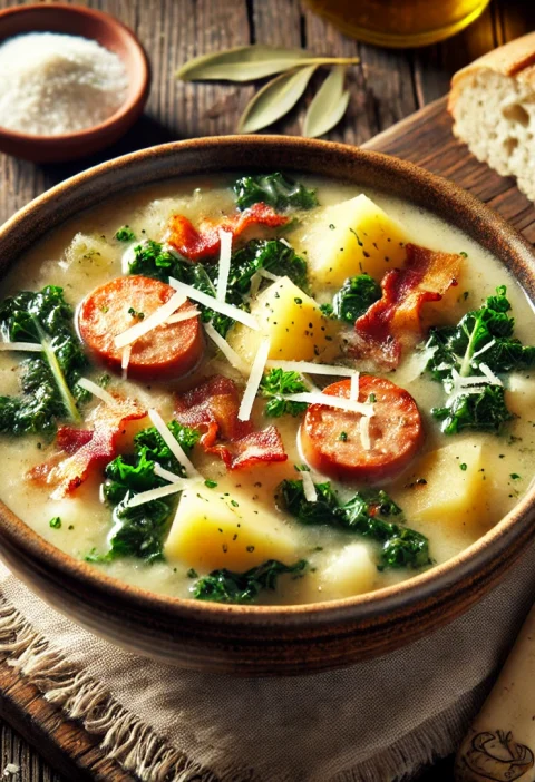 A steaming bowl of homemade Zuppa Toscana soup with creamy broth, Italian sausage, potatoes, and fresh kale, garnished with crispy bacon and Parmesan cheese, served with crusty bread.