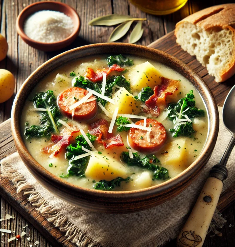 A steaming bowl of homemade Zuppa Toscana soup with creamy broth, Italian sausage, potatoes, and fresh kale, garnished with crispy bacon and Parmesan cheese, served with crusty bread.