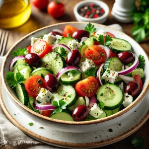 A beautifully plated Mediterranean Chopped Salad with cucumbers, cherry tomatoes, olives, red onion, and feta cheese.