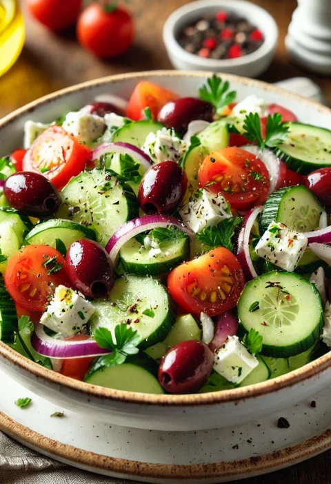 A beautifully plated Mediterranean Chopped Salad with cucumbers, cherry tomatoes, olives, red onion, and feta cheese.