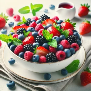 A vibrant and refreshing berry salad beautifully arranged in a white bowl, featuring fresh strawberries, blueberries, blackberries, and raspberries, garnished with mint leaves and drizzled with a light dressing.