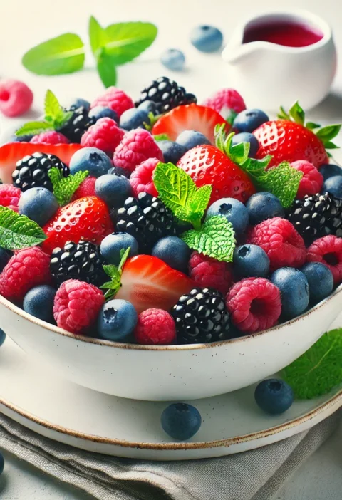 A vibrant and refreshing berry salad beautifully arranged in a white bowl, featuring fresh strawberries, blueberries, blackberries, and raspberries, garnished with mint leaves and drizzled with a light dressing.