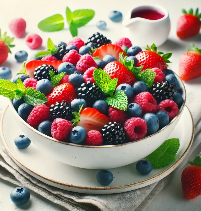 A vibrant and refreshing berry salad beautifully arranged in a white bowl, featuring fresh strawberries, blueberries, blackberries, and raspberries, garnished with mint leaves and drizzled with a light dressing.