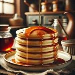 A close-up of thick, fluffy buttermilk pancakes stacked on a plate, with golden maple syrup drizzling down the sides. The pancakes have a soft, airy texture, making them the perfect cozy breakfast treat.