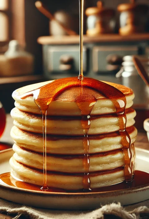 A close-up of thick, fluffy buttermilk pancakes stacked on a plate, with golden maple syrup drizzling down the sides. The pancakes have a soft, airy texture, making them the perfect cozy breakfast treat.