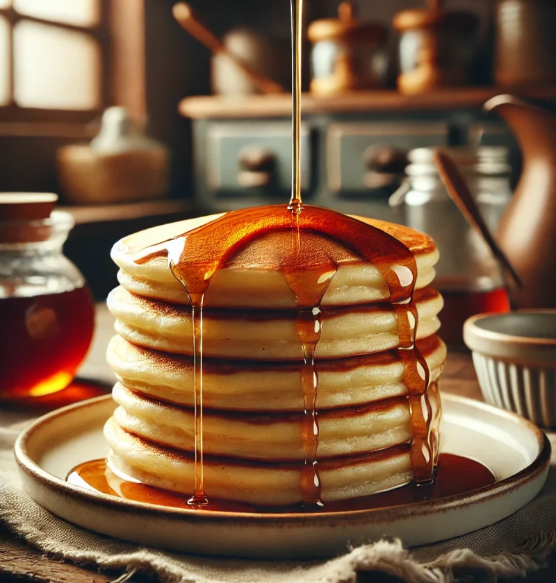 A close-up of thick, fluffy buttermilk pancakes stacked on a plate, with golden maple syrup drizzling down the sides. The pancakes have a soft, airy texture, making them the perfect cozy breakfast treat.