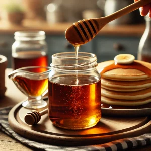 A close-up of a glass jar filled with homemade maple syrup, with a drizzle of syrup being poured from a spoon.