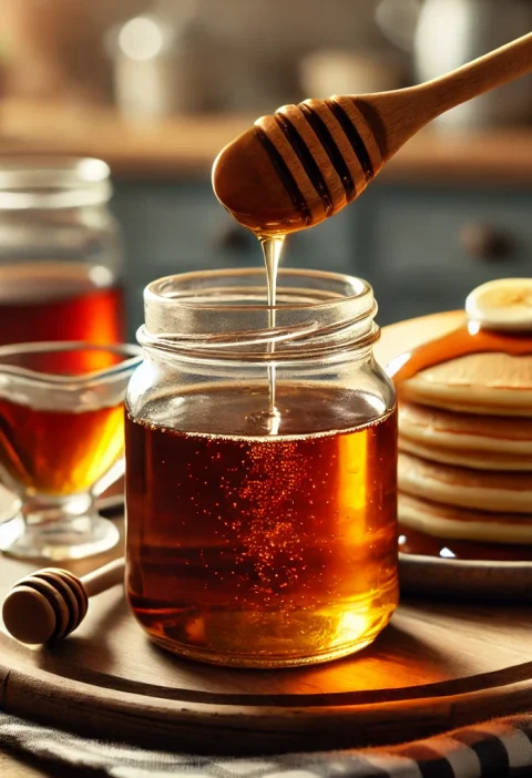 A close-up of a glass jar filled with homemade maple syrup, with a drizzle of syrup being poured from a spoon.