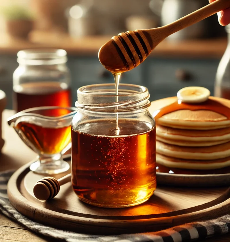 A close-up of a glass jar filled with homemade maple syrup, with a drizzle of syrup being poured from a spoon.