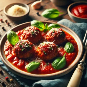 A close-up of a plate of homemade Italian meatballs, golden brown and covered in marinara sauce, garnished with fresh basil and Parmesan cheese. The dish is placed on a rustic wooden table, creating a cozy and inviting atmosphere.