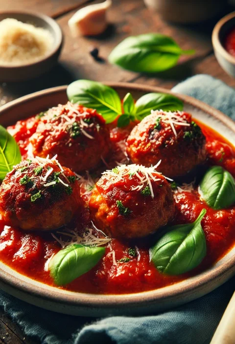 A close-up of a plate of homemade Italian meatballs, golden brown and covered in marinara sauce, garnished with fresh basil and Parmesan cheese. The dish is placed on a rustic wooden table, creating a cozy and inviting atmosphere.