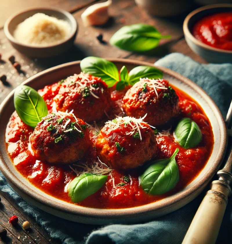 A close-up of a plate of homemade Italian meatballs, golden brown and covered in marinara sauce, garnished with fresh basil and Parmesan cheese. The dish is placed on a rustic wooden table, creating a cozy and inviting atmosphere.