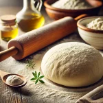 A cozy kitchen scene featuring a ball of homemade pizza dough on a floured wooden surface, with a rolling pin and small bowls of flour, olive oil, and yeast nearby, ready for pizza night.