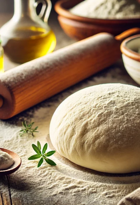 A cozy kitchen scene featuring a ball of homemade pizza dough on a floured wooden surface, with a rolling pin and small bowls of flour, olive oil, and yeast nearby, ready for pizza night.