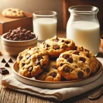 A cozy kitchen scene featuring a plate of large, thick Crumbl-style chocolate chip cookies with gooey melted chocolate, accompanied by a glass of milk and a small bowl of chocolate chips on a rustic wooden countertop.