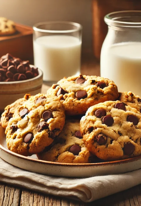 A cozy kitchen scene featuring a plate of large, thick Crumbl-style chocolate chip cookies with gooey melted chocolate, accompanied by a glass of milk and a small bowl of chocolate chips on a rustic wooden countertop.