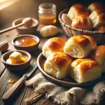 A cozy kitchen scene featuring a plate of freshly baked Texas Roadhouse rolls, golden brown and brushed with butter, with a bowl of cinnamon honey butter nearby on a rustic wooden surface.