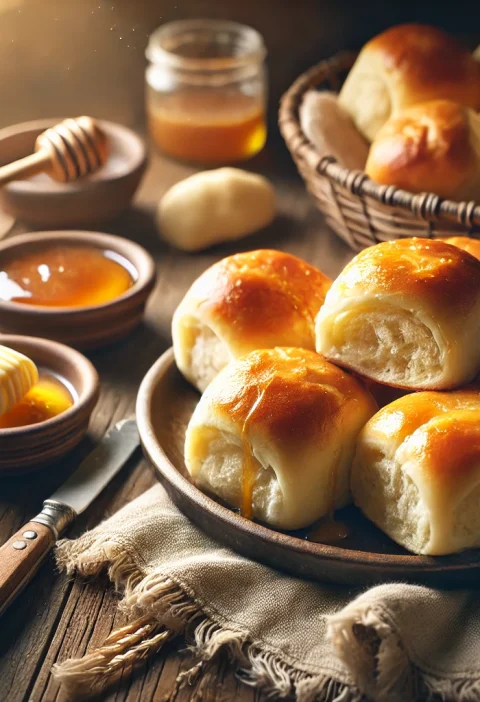 A cozy kitchen scene featuring a plate of freshly baked Texas Roadhouse rolls, golden brown and brushed with butter, with a bowl of cinnamon honey butter nearby on a rustic wooden surface.