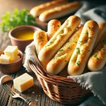 A cozy kitchen scene featuring a basket of freshly baked copycat Olive Garden breadsticks, golden brown and brushed with garlic butter, placed on a rustic wooden surface with a small bowl of melted butter nearby.