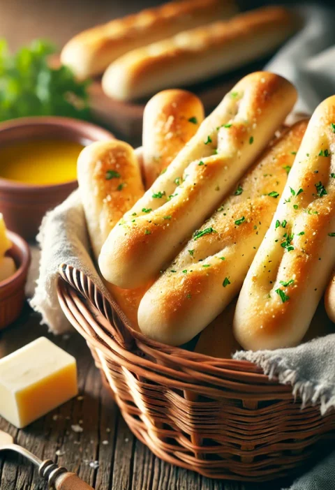 A cozy kitchen scene featuring a basket of freshly baked copycat Olive Garden breadsticks, golden brown and brushed with garlic butter, placed on a rustic wooden surface with a small bowl of melted butter nearby.