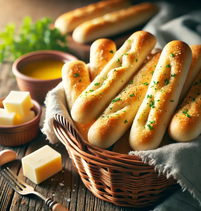 A cozy kitchen scene featuring a basket of freshly baked copycat Olive Garden breadsticks, golden brown and brushed with garlic butter, placed on a rustic wooden surface with a small bowl of melted butter nearby.