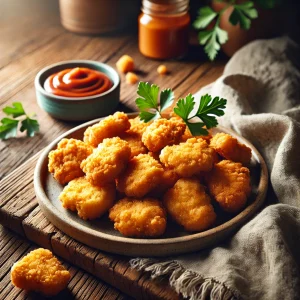 A cozy kitchen scene featuring a plate of freshly fried copycat Chick-fil-A nuggets, golden brown and crispy, with a small bowl of homemade Chick-fil-A sauce on a rustic wooden surface.