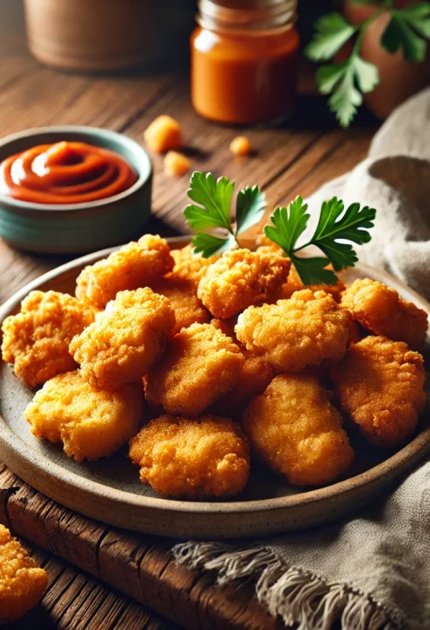 A cozy kitchen scene featuring a plate of freshly fried copycat Chick-fil-A nuggets, golden brown and crispy, with a small bowl of homemade Chick-fil-A sauce on a rustic wooden surface.