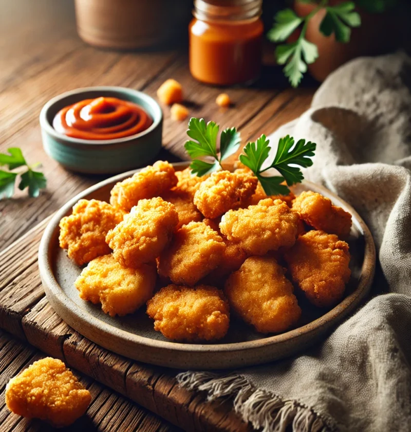 A cozy kitchen scene featuring a plate of freshly fried copycat Chick-fil-A nuggets, golden brown and crispy, with a small bowl of homemade Chick-fil-A sauce on a rustic wooden surface.