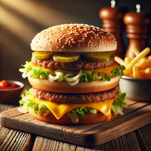 A cozy kitchen scene featuring a freshly assembled copycat McDonald's Big Mac with two beef patties, special sauce, lettuce, cheese, pickles, and onions between a three-part sesame seed bun, served with crispy fries and extra Big Mac sauce.