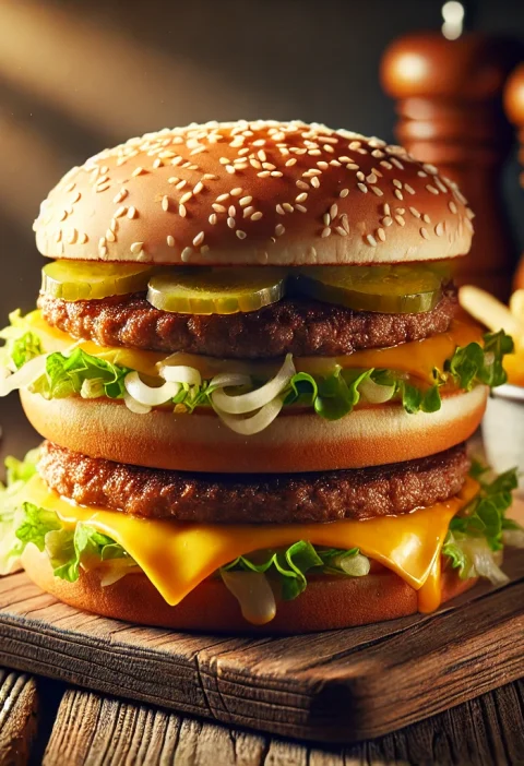 A cozy kitchen scene featuring a freshly assembled copycat McDonald's Big Mac with two beef patties, special sauce, lettuce, cheese, pickles, and onions between a three-part sesame seed bun, served with crispy fries and extra Big Mac sauce.