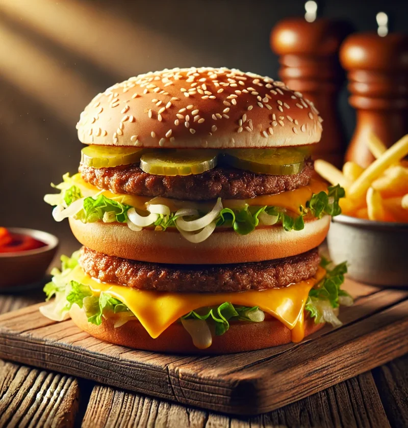 A cozy kitchen scene featuring a freshly assembled copycat McDonald's Big Mac with two beef patties, special sauce, lettuce, cheese, pickles, and onions between a three-part sesame seed bun, served with crispy fries and extra Big Mac sauce.