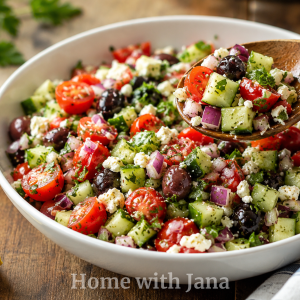 Mediterranean chopped salad in a white ceramic bowl with cucumbers, cherry tomatoes, red onion, Kalamata olives, feta cheese, and parsley tossed in a lemon oregano dressing. A wooden spoon lifts a portion of the colorful salad beside a lemon wedge and dressing cruet on a rustic wooden table.
