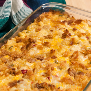 Cheesy chicken and rice casserole in a casserole baking dish.