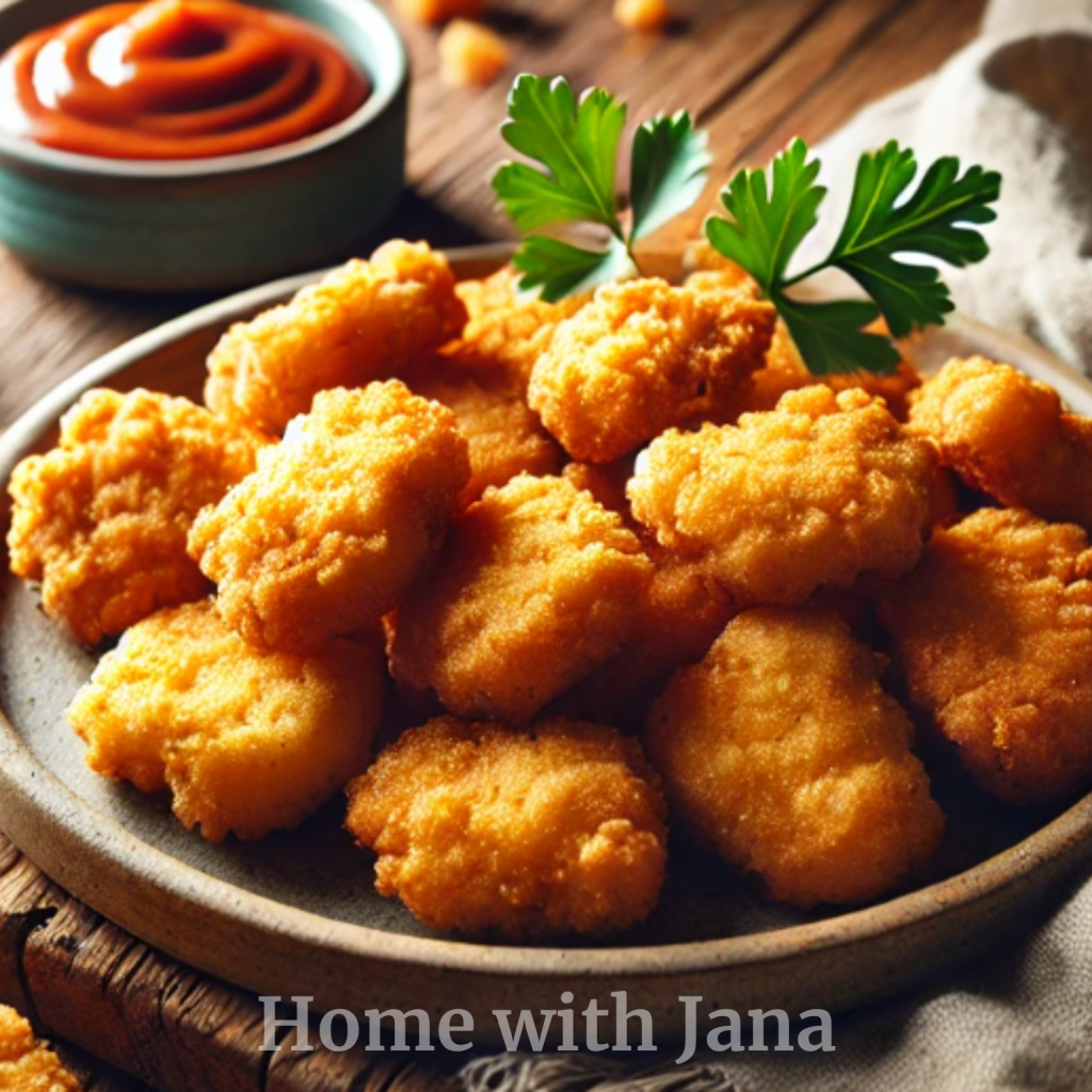 Copycat Chick-fil-A chicken nuggets piled on a rustic plate with crispy golden breading and a side of dipping sauce. The bite-sized chicken pieces are crunchy on the outside and tender inside, photographed in warm natural lighting with a cozy homemade fast-food-style feel.