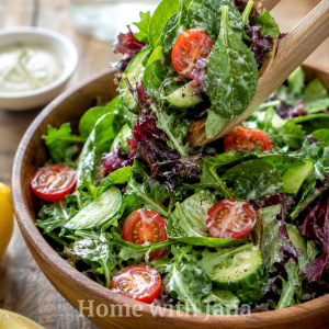 Fresh spring mix salad in a rustic wooden bowl with baby spinach, arugula, red leaf lettuce, cherry tomatoes, cucumbers, and lemon herb dressing being lifted with wooden salad tongs.