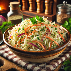 Creamy Southern-style coleslaw with crisp shredded cabbage, carrots, and red onion, served in a rustic ceramic bowl and garnished with fresh parsley in a cozy kitchen setting.