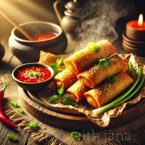 Crispy homemade egg rolls served on a wooden plate with sweet chili dipping sauce, garnished with green onions and sesame seeds.