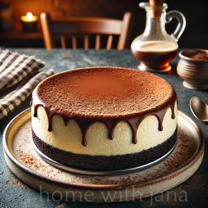 A beautifully plated Irish Cream Chocolate Cheesecake with a smooth chocolate surface, lightly dusted with cocoa powder and a drizzle of Irish cream liqueur, set in a cozy rustic setting.