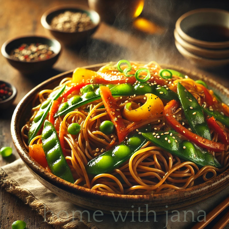A beautifully plated bowl of side dish lo mein noodles with a glossy savory sauce topped with crisp vegetables.