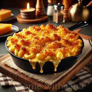 Golden, cheesy Southern-style baked mac and cheese served in a rustic cast iron skillet with a crispy breadcrumb topping, set in a cozy kitchen with warm lighting.