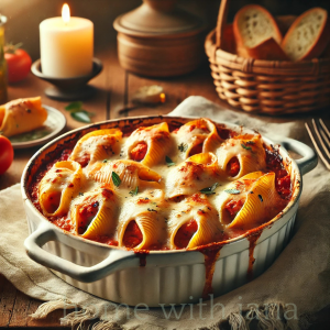Freshly baked stuffed pasta shells in a white casserole dish topped with melted cheese and marinara, set in a cozy rustic kitchen with warm lighting and a linen-covered wooden table.