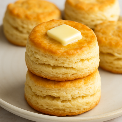 Freshly baked homemade buttermilk biscuits stacked on a white plate, golden brown and fluffy with a pat of melting butter on top.