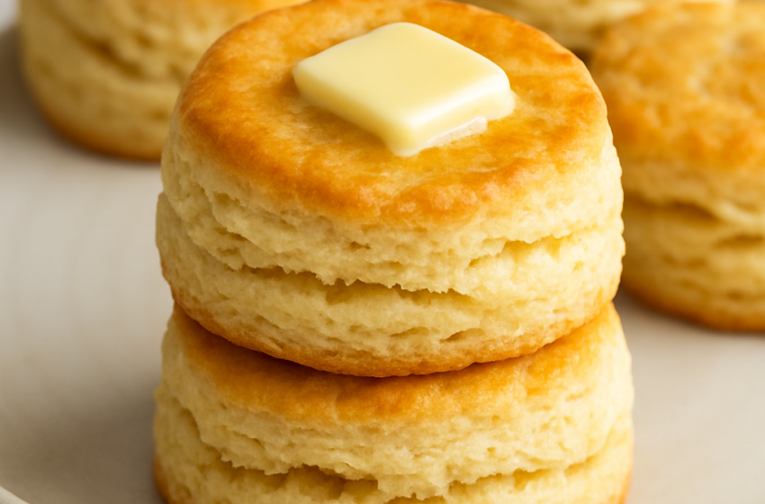 Freshly baked homemade buttermilk biscuits stacked on a white plate, golden brown and fluffy with a pat of melting butter on top.