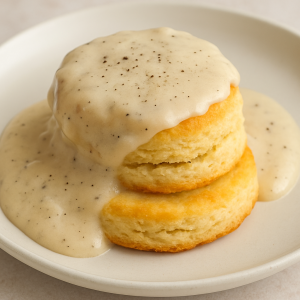 A creamy homemade country gravy poured over golden biscuits on a white plate, garnished with cracked black pepper.