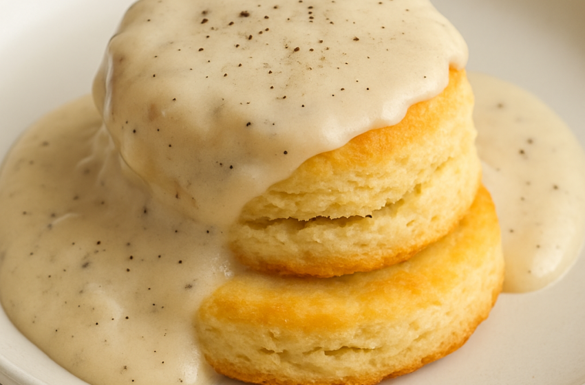 A creamy homemade country gravy poured over golden biscuits on a white plate, garnished with cracked black pepper.