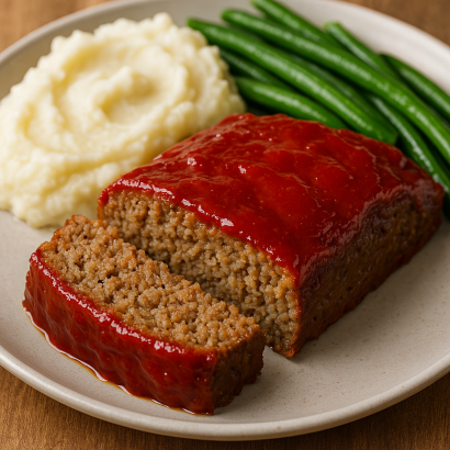Sliced classic meatloaf on a white plate topped with glossy ketchup glaze, served with mashed potatoes and green beans